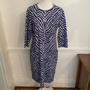 J. McLaughlin Catalina Cloth Catalyst Sheath Dress in a blue and white zebra